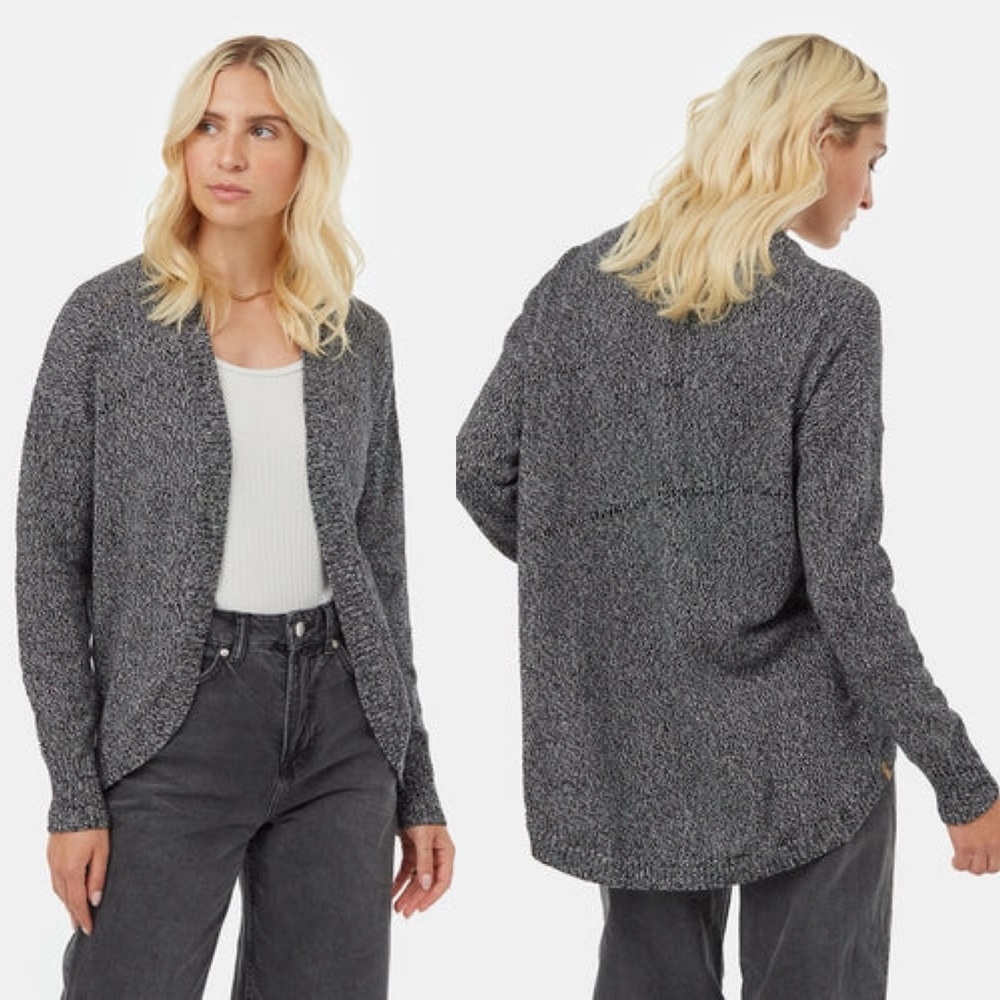 Tentree Anoba Organic Cotton Open Front Pointelle Cardigan Black and White XS